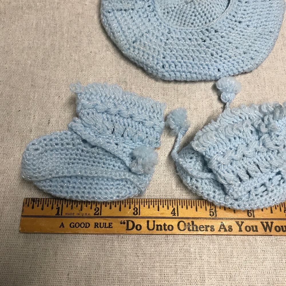 Vintage Hand Crochet Baby Hat and Booties Doll or Baby Blue Newborn Size - Picture 6 of 6